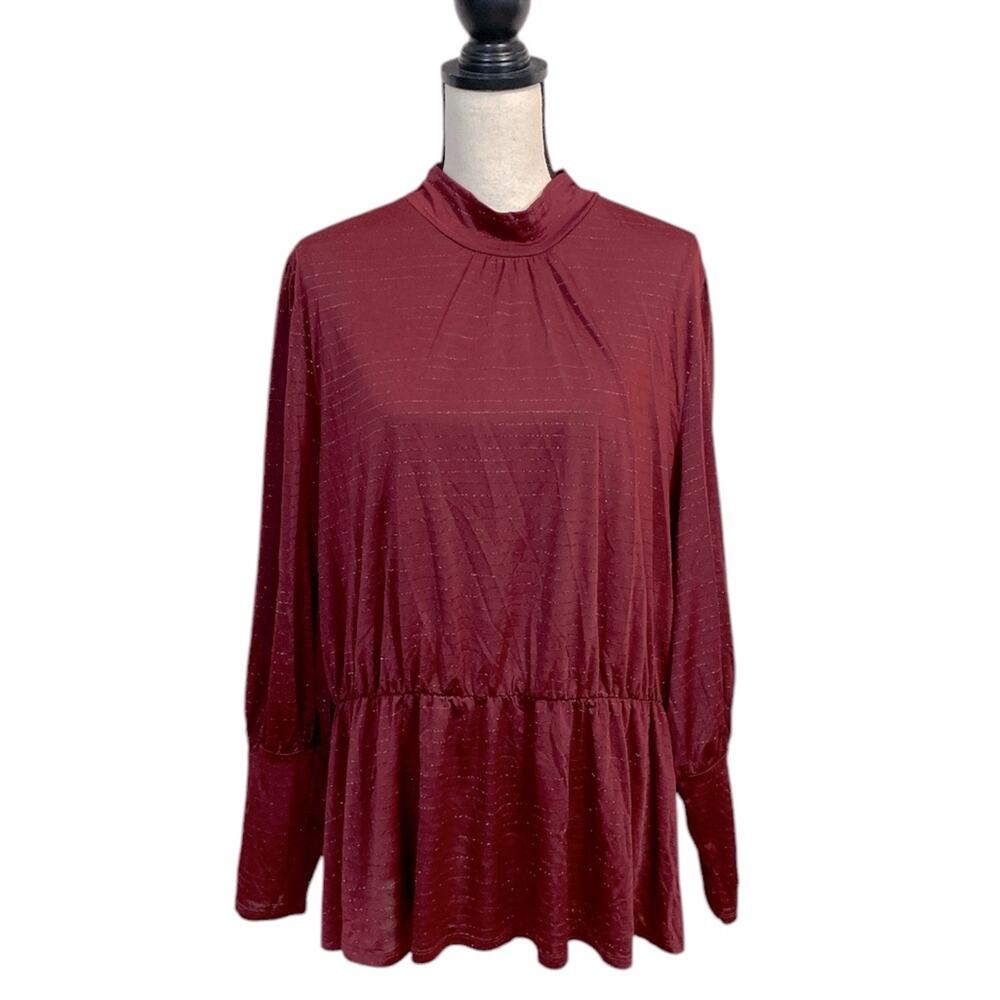 Lane Bryant Burgundy Sparkle Mock Neck Peplum Top Size 22/24